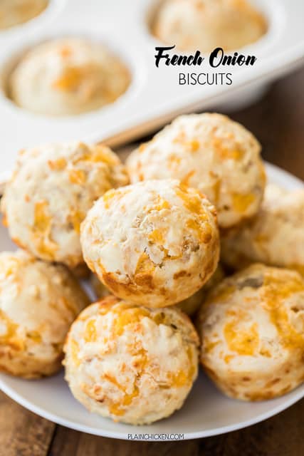 French Onion Biscuits - only 5 ingredients! The hardest part of making these biscuits is resisting the urge to snack on the French fried onions while making the batter! Bisquick, cheddar cheese, French fried onions, eggs and milk. SO easy and they taste great!!! Great for any night of the week! 