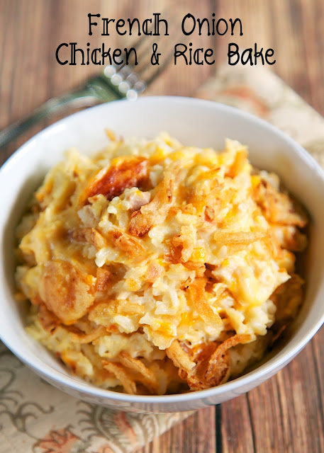 French Onion Chicken and Rice Bake recipe - chicken, french onion dip, cream of chicken soup, cheddar cheese, rice and french fried onions - use rotisserie chicken and it is ready for the oven in 5 minutes! On the table in 20 minutes! Super quick weeknight casserole! We made this twice in a week it was so good.