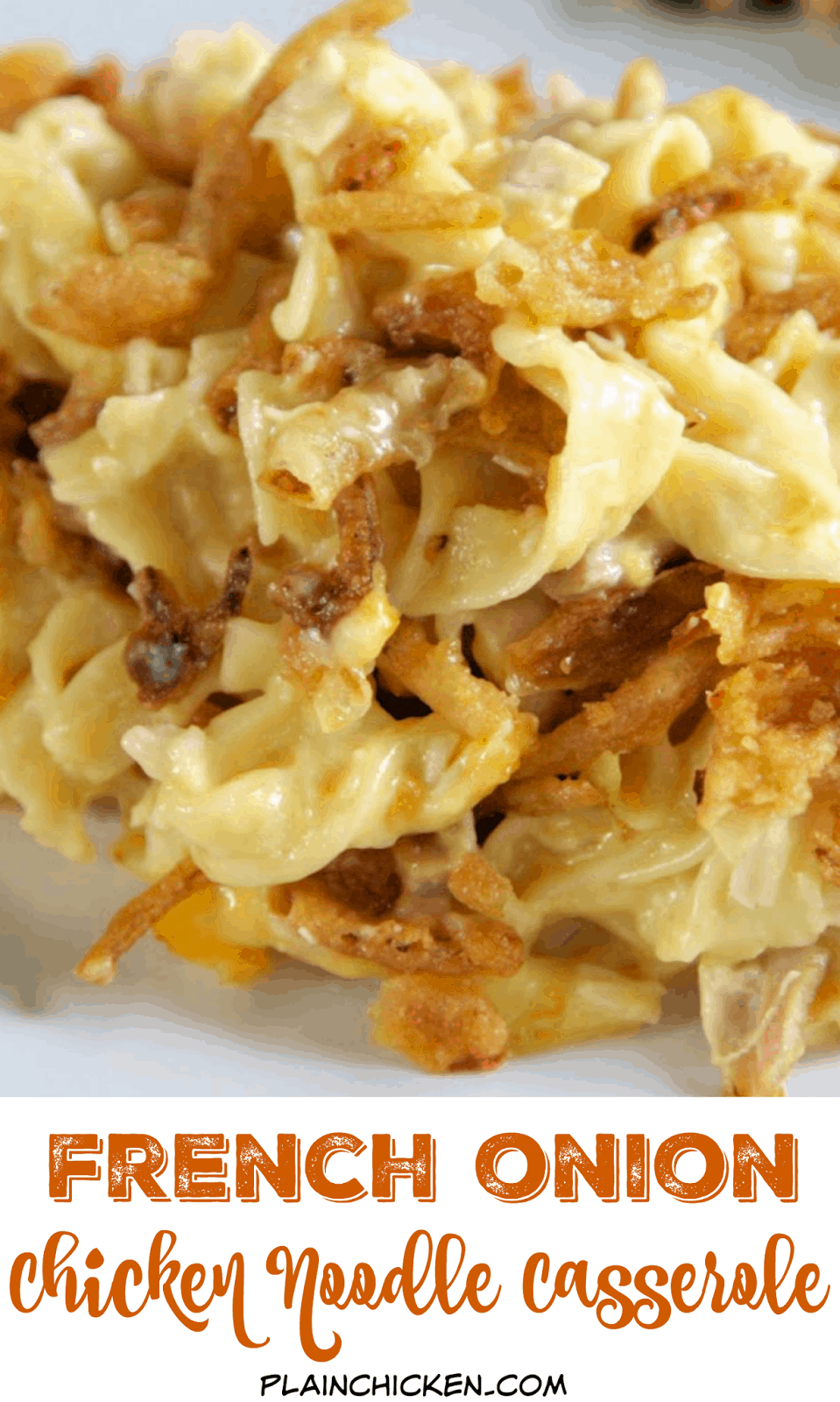 French Onion Chicken Noodle Casserole Recipe - egg noodles, french onion dip, cream of chicken soup, cheese, chicken topped with French fried onions - LOVE this casserole! Can make ahead and freezer for later. You can even split it between two foil pans - one for now and one for the freezer. Super easy main dish with only 6 ingredients that tastes great! Everyone RAVES about this casserole!