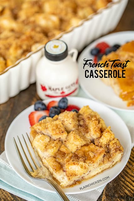 Overnight French Toast Casserole - assemble the night before and let sit in the refrigerator until ready to bake. This is SO good!! The best part of the whole casserole is the yummy caramelized brown sugar on the bottom. French bread, brown sugar, butter, milk, eggs, vanilla, cinnamon and salt. Ridiculously good! Great for overnight guest and Christmas morning!! #makeahead #christmas #breakfast #casserole #christmasbreakfast