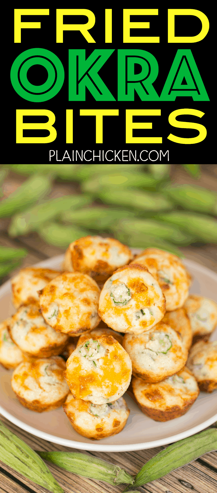 Fried Okra Bites - OMG! SO good! Quick homemade cornbread muffins with cheese and fresh okra. Great for parties and an easy side dish. Only 5 ingredients - self-rising cornmeal, buttermilk, oil, cheddar cheese, fresh okra. Ready in about 10 minutes!!
