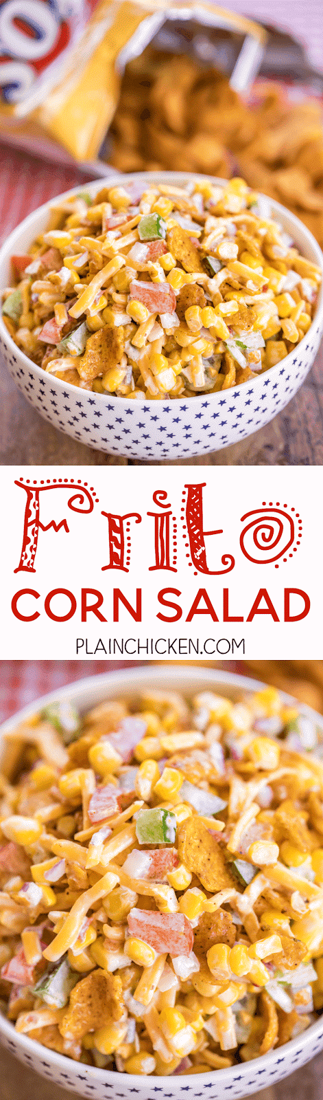 Frito Corn Salad - packed full of great flavor! We could not stop eating it! Corn, bell peppers, onion, cheese tossed in mayonnaise, lime juice, vinegar and Chili Cheese Fritos. Great as a side dish or an appetizer. Can make ahead and refrigerate until ready to serve. Everyone LOVES this easy side dish. I never have any leftovers!