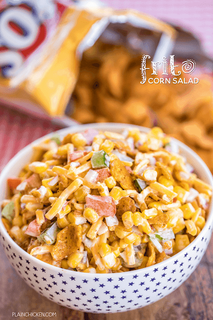 Frito Corn Salad - packed full of great flavor! We could not stop eating it! Corn, bell peppers, onion, cheese tossed in mayonnaise, lime juice, vinegar and Chili Cheese Fritos. Great as a side dish or an appetizer. Can make ahead and refrigerate until ready to serve. Everyone LOVES this easy side dish. I never have any leftovers!