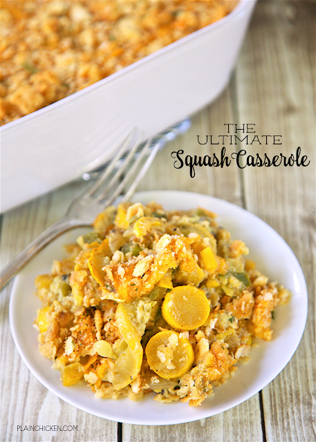 The Ultimate Squash Casserole - squash, bell pepper, onion, cream of mushroom soup, cheddar cheese, eggs, chicken base topped with Ritz crackers and butter. Even squash haters will love this casserole! SO easy and SO delicious. Took this to a potluck and everyone asked for the recipe!