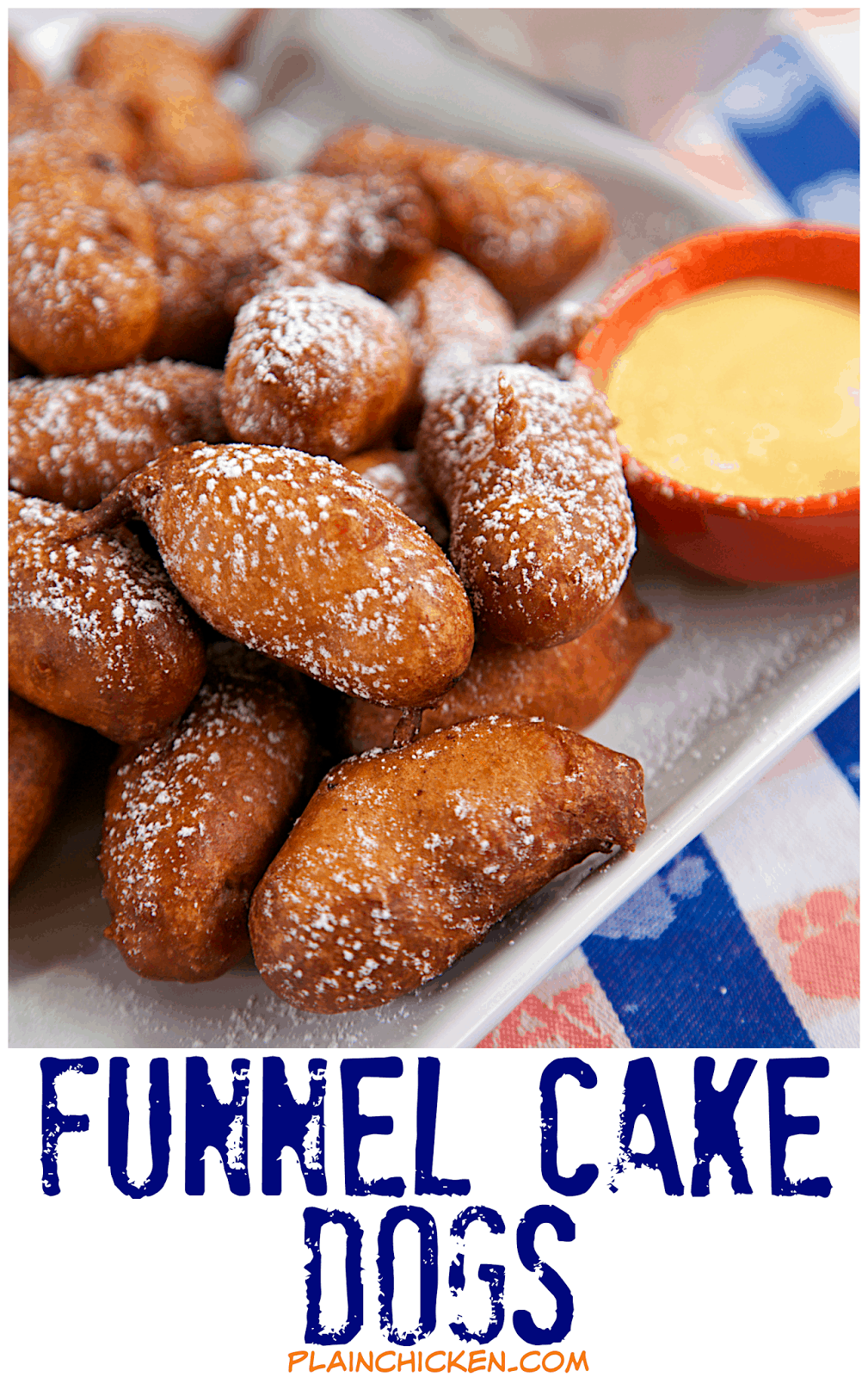 Funnel Cake Dogs Recipe - great for tailgating!! Little Smokies battered and fried. Dip in honey mustard or plain honey. Fun twist on our usual pigs in a blanket. Great party food and tailgating food!