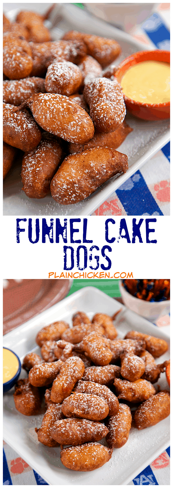 Funnel Cake Dogs Recipe - great for tailgating!! Little Smokies battered and fried. Dip in honey mustard or plain honey. Fun twist on our usual pigs in a blanket. Great party food and tailgating food!