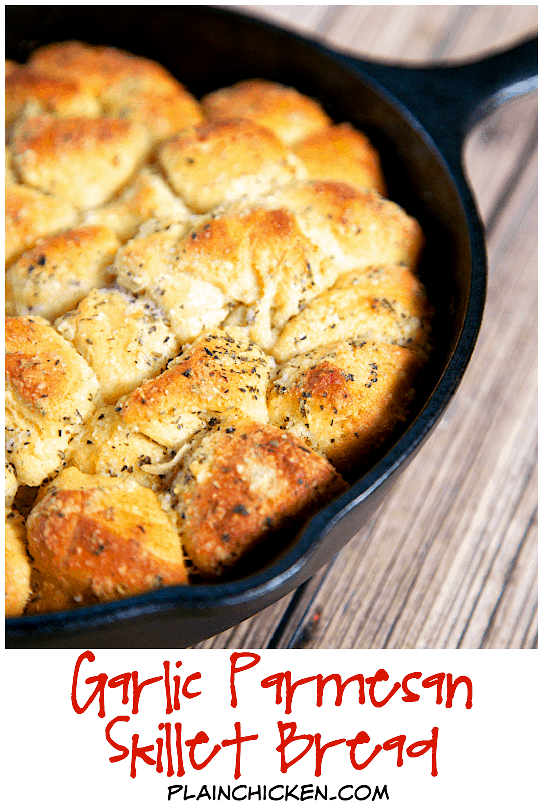 Garlic Parmesan Skillet Bread - refrigerated biscuits chopped and tossed in butter, garlic, italian seasoning and parmesan cheese. Baked in a small iron skillet. Great with pasta. Can also use as an appetizer with some warm pizza sauce. YUM!! I can make a meal out of this yummy bread!