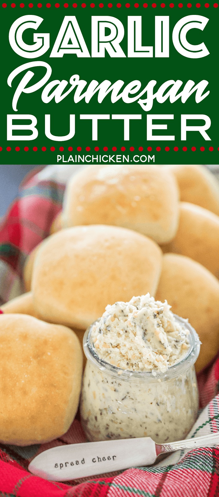 Garlic Parmesan Butter - only 6 ingredients. Butter, garlic, parsley, Italian seasoning, pepper and parmesan cheese. Perfect accompaniment to Sister Schubert's Dinner Yeast Rolls. Whip up a batch of butter while the rolls bake! Also makes a great homemade gift! #butter #garlic #garlicbutter #sisterschuberts