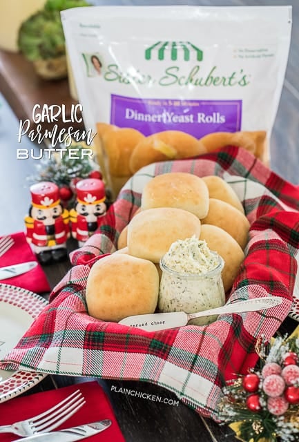 Garlic Parmesan Butter - only 6 ingredients. Butter, garlic, parsley, Italian seasoning, pepper and parmesan cheese. Perfect accompaniment to Sister Schubert's Dinner Yeast Rolls. Whip up a batch of butter while the rolls bake! Also makes a great homemade gift! #butter #garlic #garlicbutter #sisterschuberts