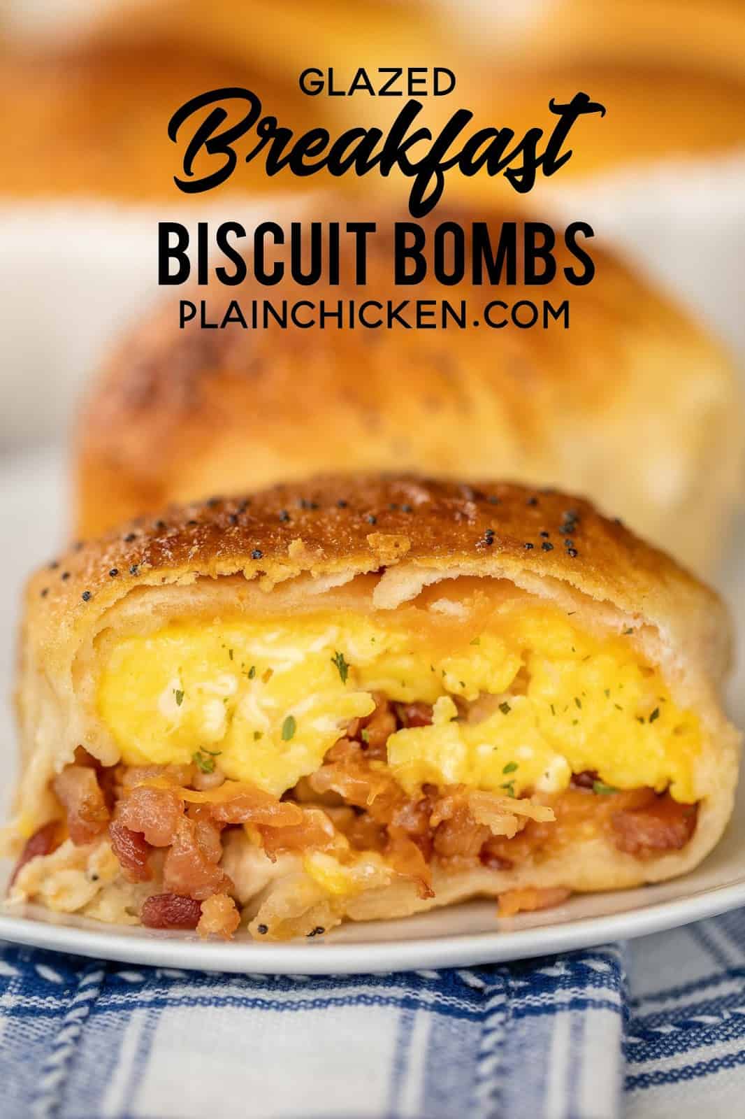 Glazed Breakfast Biscuit Bombs - the best way to start the day! Biscuits stuffed with scrambled eggs, bacon and cheese and topped with a sweet and savory glaze. We make these at least once a month! Refrigerated biscuits, milk, eggs, bacon, cheddar cheese, butter, brown sugar, dijon mustard, Worcestershire sauce and poppy seeds. A great dish for breakfast, brunch and overnight guests! #breakfast #biscuits