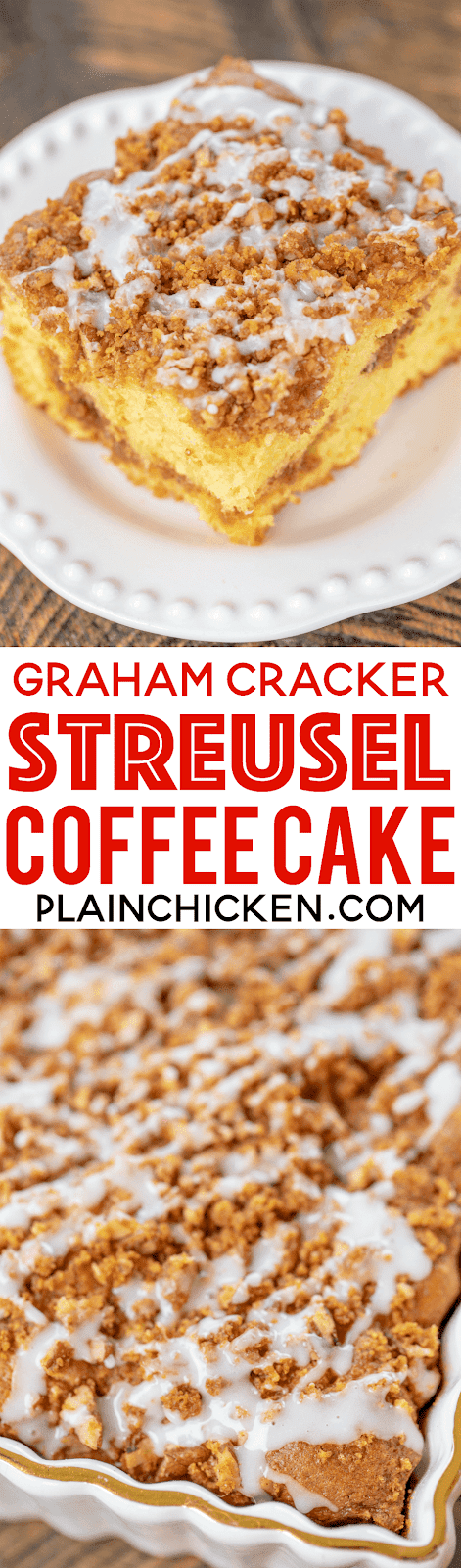 Graham Cracker Streusel Coffee Cake - seriously delicious! SO moist and the streusel topping is to die for! We couldn't resist this yummy cake!! Cake mix, vanilla pudding, sour cream, oil, eggs, vanilla, cinnamon, graham cracker crumbs, brown sugar, pecans and butter. Great for potlucks, tailgating, breakfast, brunch and dessert. #breakfast #cake #dessert #coffeecake