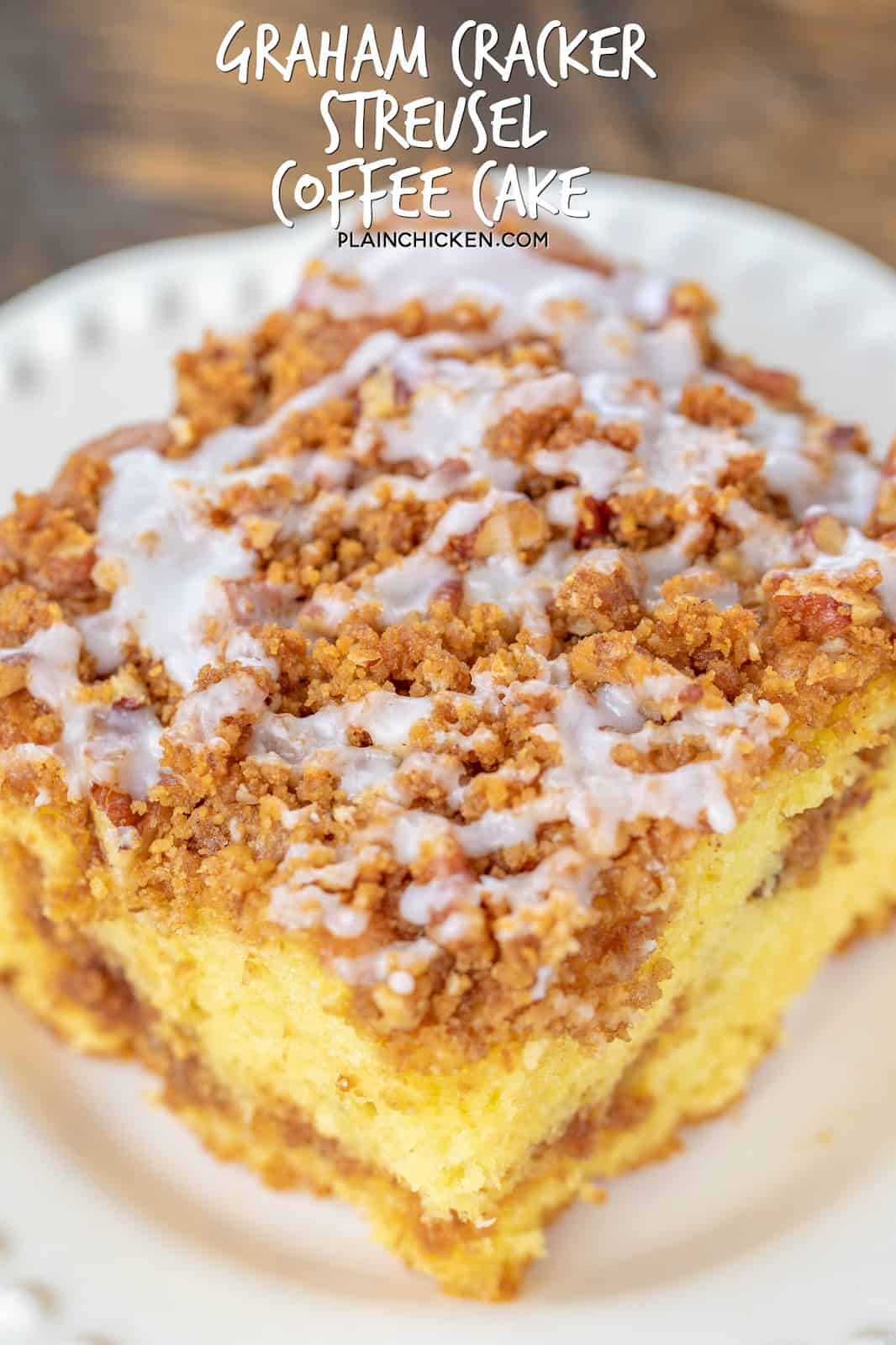 Graham Cracker Streusel Coffee Cake - seriously delicious! SO moist and the streusel topping is to die for! We couldn't resist this yummy cake!! Cake mix, vanilla pudding, sour cream, oil, eggs, vanilla, cinnamon, graham cracker crumbs, brown sugar, pecans and butter. Great for potlucks, tailgating, breakfast, brunch and dessert. #breakfast #cake #dessert #coffeecake