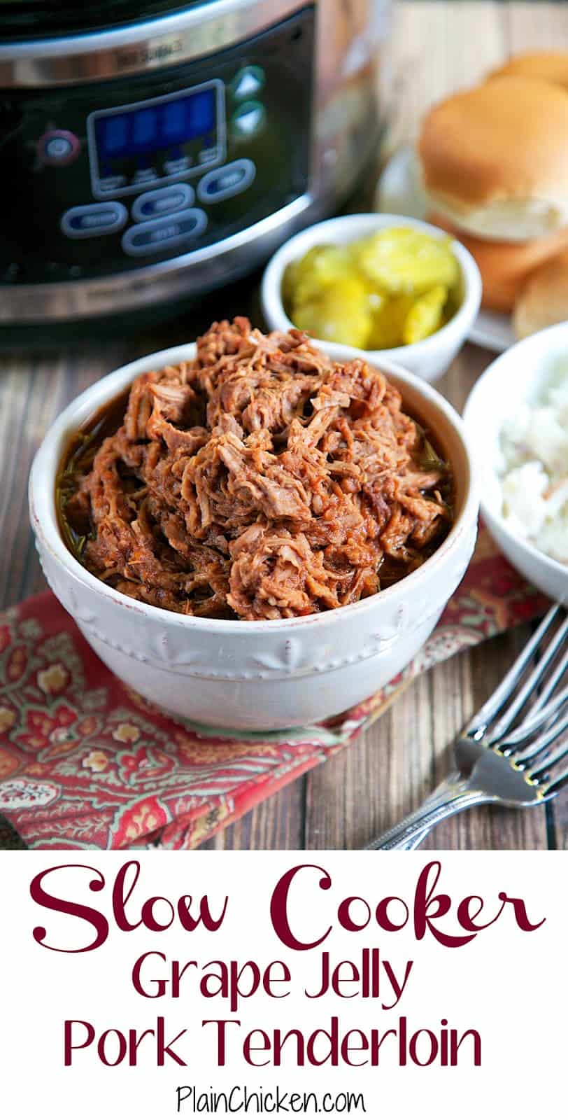 {Slow Cooker} Grape Jelly Pork Tenderloin - only 3 ingredients! Just dump everything in the slow cooker and let it hang out all day. Fix it and forget it! Serve the pork on slider buns with coleslaw and pickles! Great for tailgating!