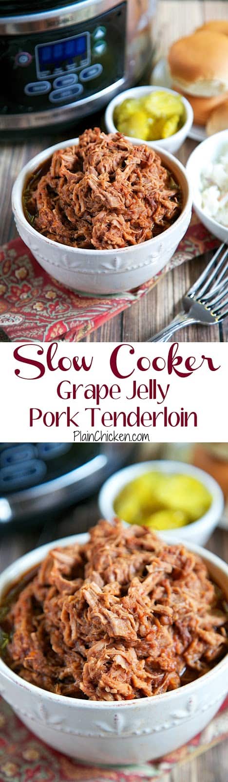 {Slow Cooker} Grape Jelly Pork Tenderloin - only 3 ingredients! Just dump everything in the slow cooker and let it hang out all day. Fix it and forget it! Serve the pork on slider buns with coleslaw and pickles! Great for tailgating!