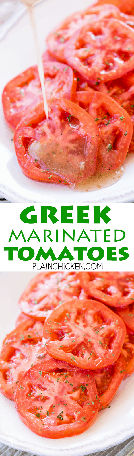 Greek Marinated Tomatoes - only 2 ingredients! Great way to use up all those yummy ripe tomatoes. Great as a side dish or on a sandwich! These make THE BEST BLT sandwich EVER! Whip up a batch today! Such an easy side dish recipe.