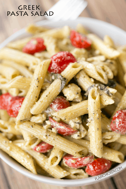 Greek Pasta Salad - seriously THE BEST! I could make a meal out of this pasta salad!!! Penne pasta, olive oil, lemon juice, mayonnaise, Greek seasoning, grape tomatoes, feta and basil. Makes a ton. Great for a potluck. Can easily half the recipe. Easy and delicious side dish recipe!