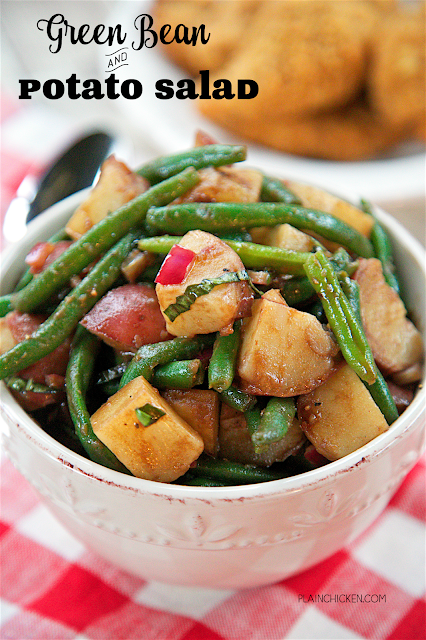 Green Bean and Potato Salad with Balsamic Vinaigrette - takes about 20 minutes to make! Can serve warm or cold. Green beans, red potatoes, red onion, basil, olive oil, balsamic vinegar, dijon mustard, lemon juice, worcestershire sauce and garlic. Great side dish for summer cookouts! Everyone loved it!
