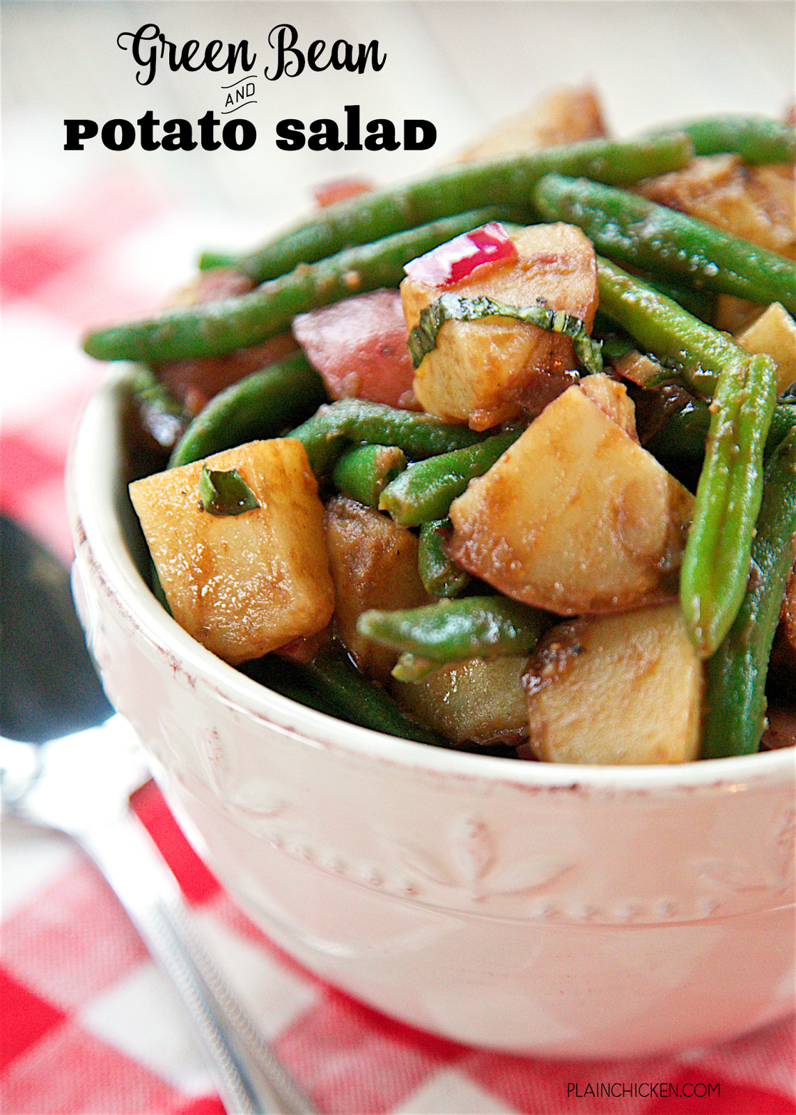 Green Bean and Potato Salad with Balsamic Vinaigrette - takes about 20 minutes to make! Can serve warm or cold. Green beans, red potatoes, red onion, basil, olive oil, balsamic vinegar, dijon mustard, lemon juice, worcestershire sauce and garlic. Great side dish for summer cookouts! Everyone loved it!