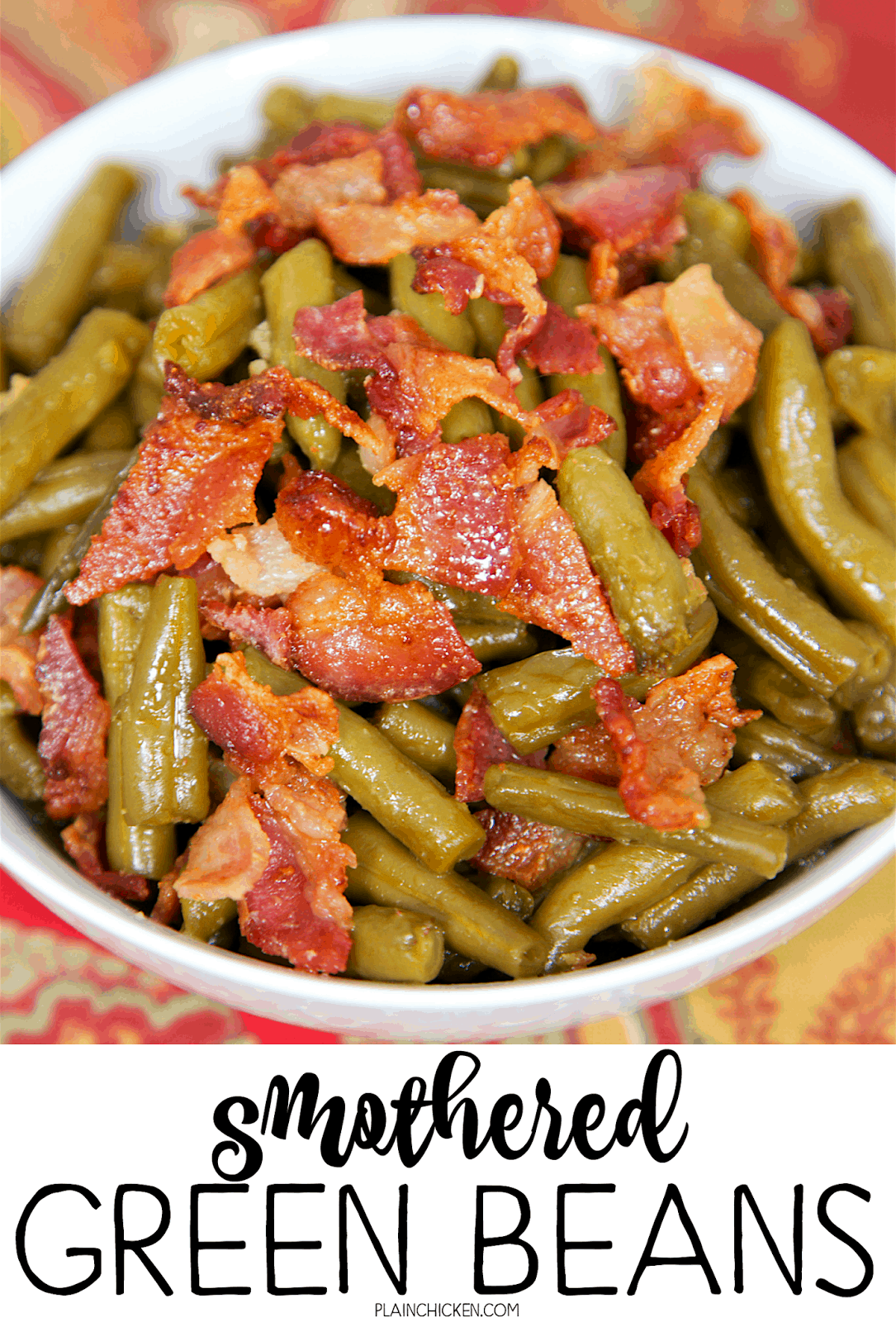 Smothered Green Beans - canned green beans baked in bacon, brown sugar, butter, soy sauce and garlic. This is the most requested green bean recipe in our house.Everybody gets seconds. SO good!! Great for a potluck. Everyone asks for the recipe! Super easy to make.