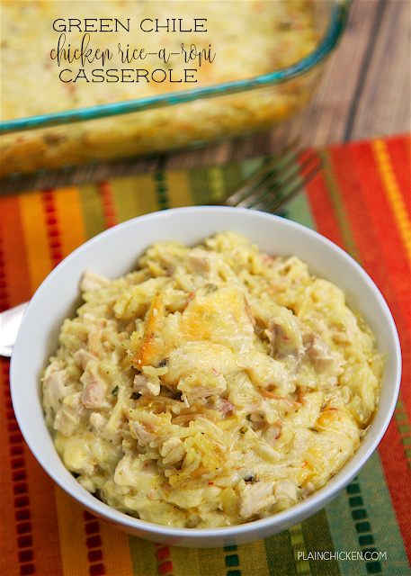 Green Chile Chicken Rice-A-Roni Casserole - comfort food at its best! Chicken Rice-A-Roni, sour cream, cream of chicken soup, green chiles, cumin, pepper jack cheese and chicken. You can make this ahead of time and freeze for later. This is SO good! Our family gobbled this up. Everyone asked for seconds!