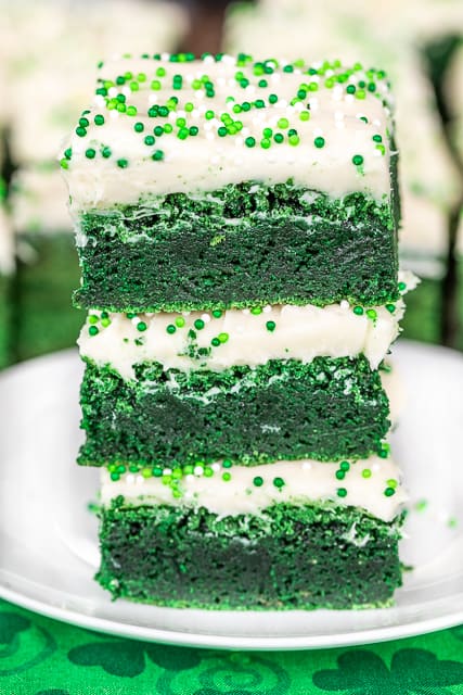 Green Velvet Brownies stacked on top of each other