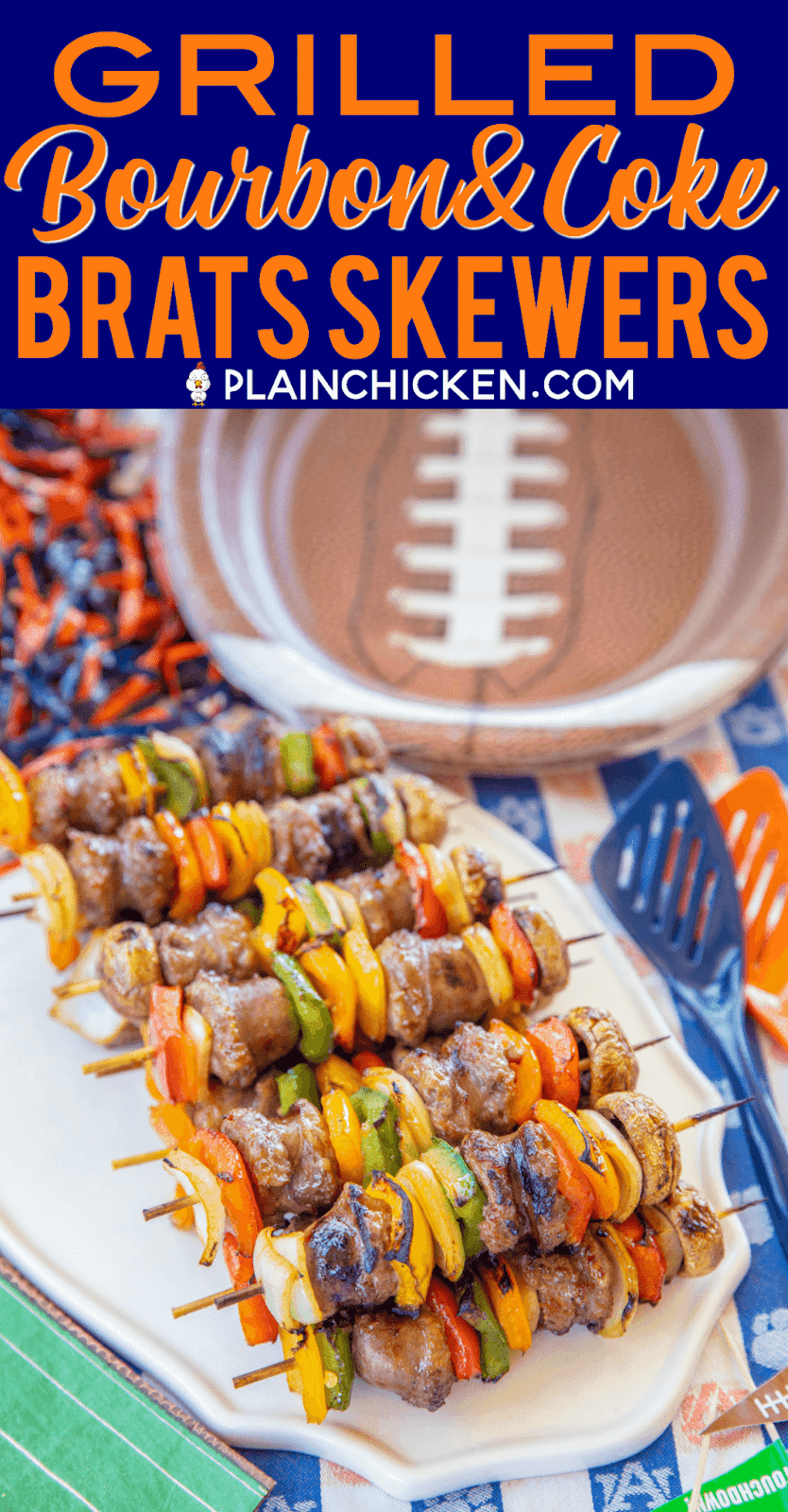Grilled Bourbon & Coke Brats Skewers - SO good! Perfect party food!! Brats, onions, bell peppers and mushrooms marinated in bourbon, coke, soy sauce, brown sugar, seasoned salt and a little cayenne. Can assemble ahead of time and throw on the grill when you are ready to eat. These were a HUGE hit at our last tailgate. NO leftovers! A must for your next tailgate #tailgating #brats #grilling #partyfood