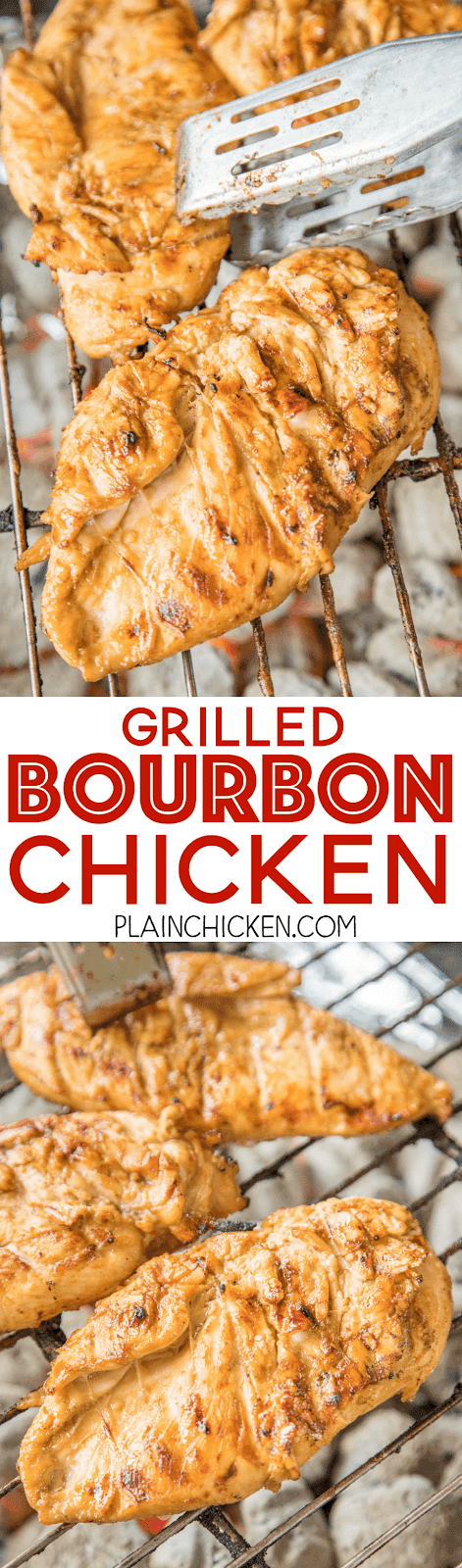 Grilled Bourbon Chicken - seriously delicious!!! Let the chicken marinate a few hours or overnight for maximum flavor. We ate this chicken two days in a row!! Can't wait to make it again this weekend!!! SO tender, juicy and packed full of AMAZING flavor!! Chicken, dijon mustard, red wine vinegar, Worcestershire, bourbon, brown sugar, garlic. THE BEST grilled chicken breast recipe!