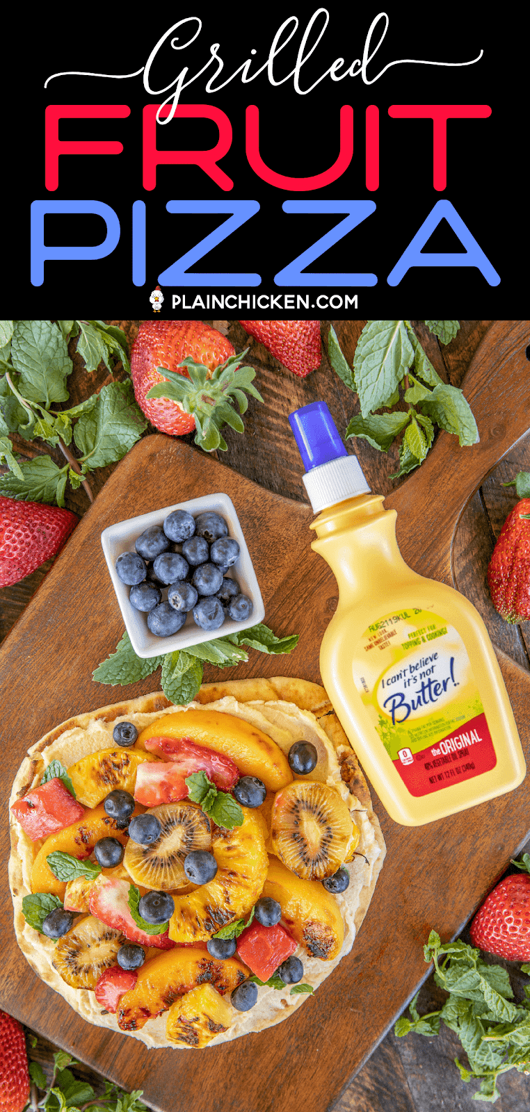 grilled fruit pizza on a cutting board
