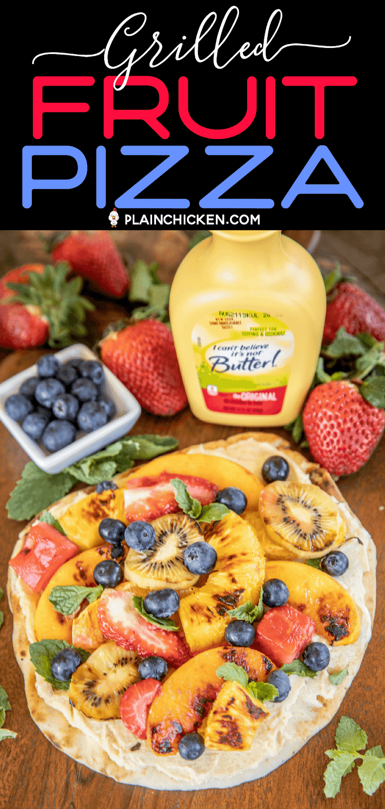 grilled fruit pizza on a cutting board