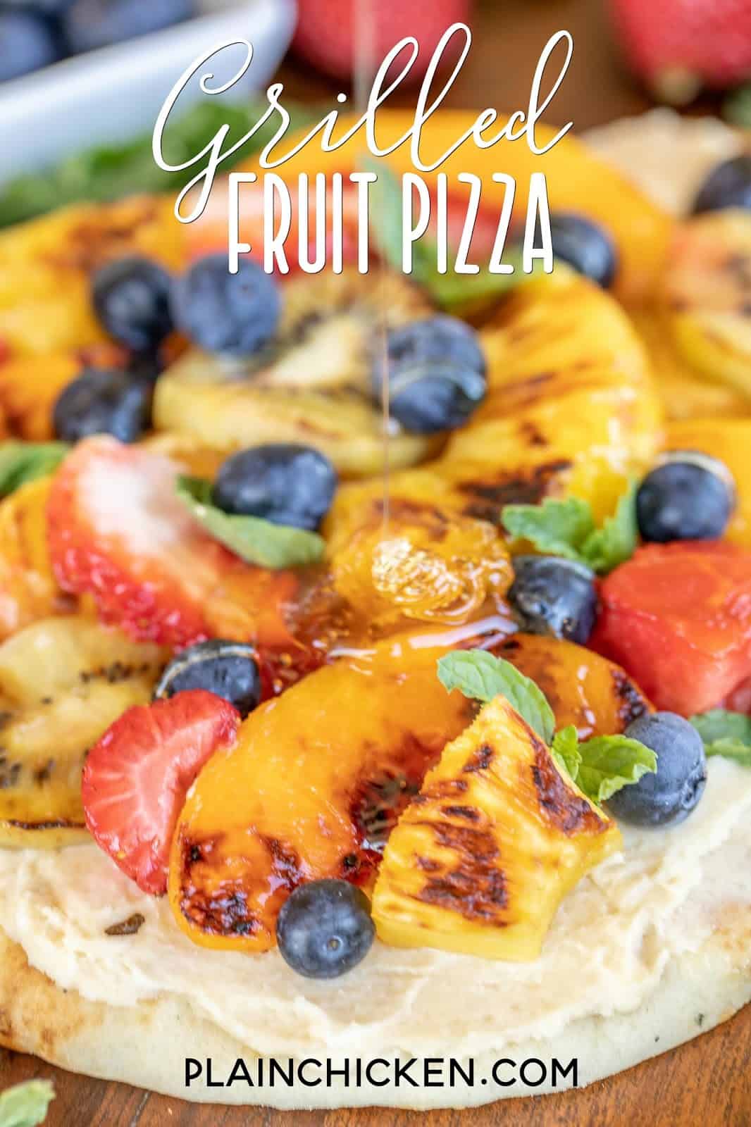 drizzling grilled fruit pizza with honey