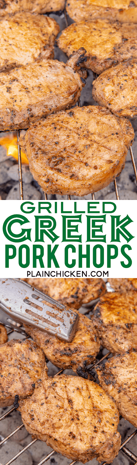 Grilled Greek Pork Chops - hands down the BEST pork chops I've ever eaten! Marinated in olive oil, lemon juice, Worcestershire sauce, onion powder, garlic powder, ground mustard, salt and pepper. I made these for a cookout and everyone raved about them. I had to give everyone the recipe!!! SO simple and SOOO delicious!!! #grilling #porkchops #grill #pork