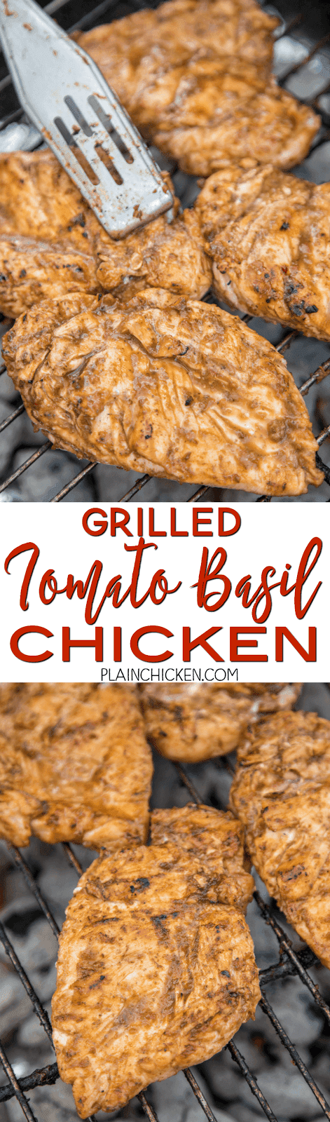 Grilled Tomato Basil Chicken - chicken breast marinated in fresh tomatoes, fresh basil, balsamic vinegar and garlic. This chicken is CRAZY good!!! Great on its own or served on top of pasta. SO much flavor is packed into this easy grilled chicken recipe! Everyone RAVES about this chicken!!