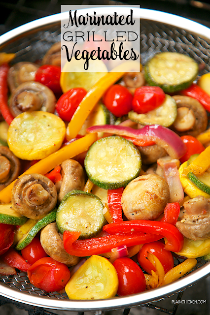 Marinated Grilled Vegetables - zucchini, squash, mushrooms, tomatoes, red bell pepper, yellow bell pepper and red onion marinated in olive oil, soy sauce, lemon juice and garlic. Marinate veggies for 30 minutes and grill. Ready in about 15 minutes! SO easy and SO delicious! Everyone loves these vegetables! Use leftovers in a quiche. 