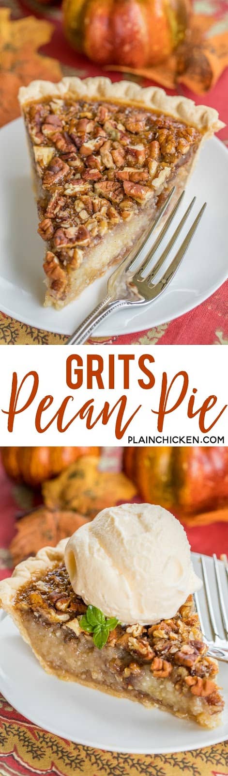 Grits Pecan Pie - CRAZY good!!!! Pecan pie with grits mixed into the filling. Sounds weird, but this is THE BEST pecan pie EVER!! Everyone raves about this pie! The grits give the filling a good texture - kind of like an oatmeal cookie. Give this a try for your next holiday meal! #pecanpie  #pecanpierecipe #dessertrecipe #pierecipe #thanksgiving #gritsrecipe #thanksgivingrecipe #christmas #christmasrecipe #grits
