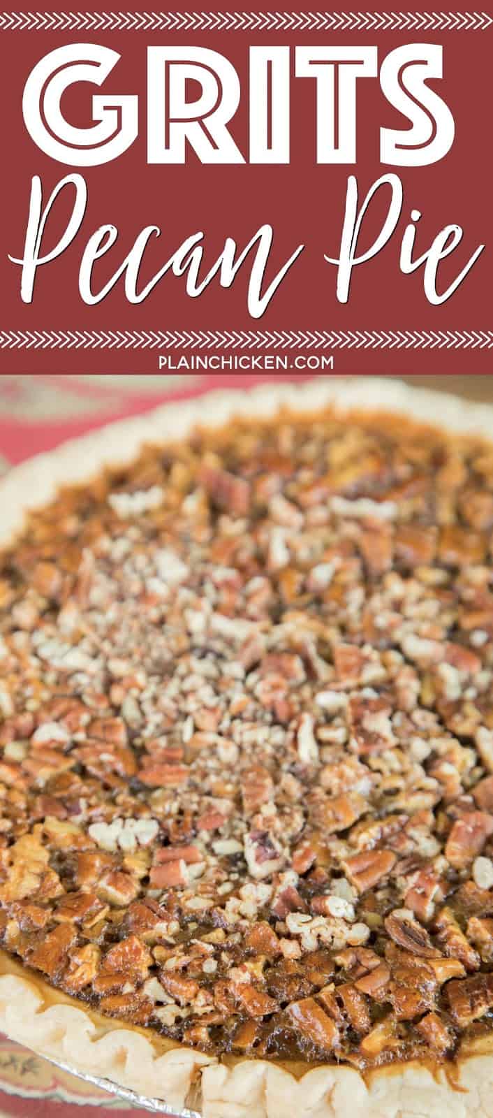 Grits Pecan Pie - CRAZY good!!!! Pecan pie with grits mixed into the filling. Sounds weird, but this is THE BEST pecan pie EVER!! Everyone raves about this pie! The grits give the filling a good texture - kind of like an oatmeal cookie. Give this a try for your next holiday meal! #pecanpie  #pecanpierecipe #dessertrecipe #pierecipe #thanksgiving #gritsrecipe #thanksgivingrecipe #christmas #christmasrecipe #grits