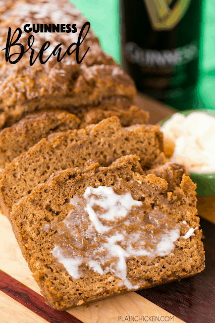 Guinness Bread - so easy and SO delicious! Ready to eat in an hour! Seriously THE BEST beer bread I've ever eaten!! Flour, baking powder, salt, sugar, molasses, Guinness beer and melted butter. Great for St. Patrick's Day!! 