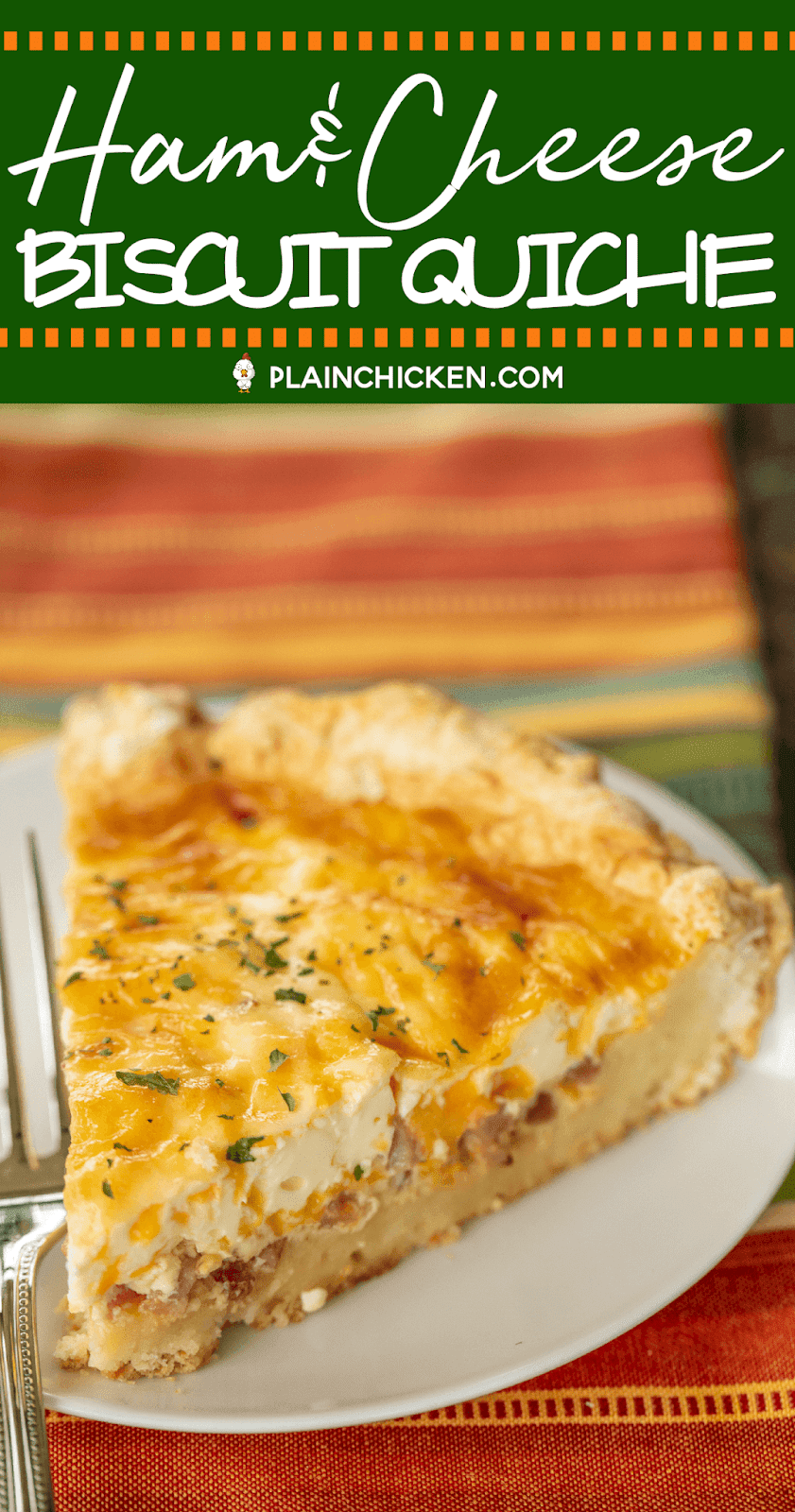 Ham and Cheese Biscuit Quiche - our FAVORITE quiche! The crust is made out of homemade biscuit dough. It is like a big open faced ham, egg and cheese biscuit. SO good!!! Self-Rising flour, butter, buttermilk, ham, cheese, eggs, half-and-half and sour cream. Great for breakfast, lunch or dinner. Everyone LOVES this yummy casserole!!! #quiche #breakfast #biscuit #ham