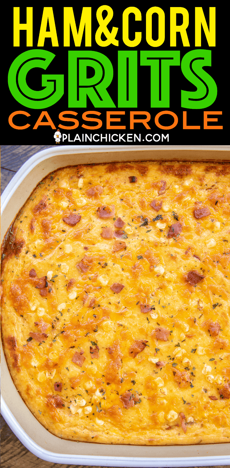 Ham and Corn Grits Casserole - seriously delicious! Great for breakfast, lunch or dinner!! Stone ground grits, chicken broth, ham, corn, cheddar cheese, milk, eggs, pepper and garlic. Can make ahead and refrigerate or freeze for later. Took this to a potluck and everyone asked for the recipe. DELICIOUS!!! #casserole #freezermeal #ham #breakfast #grits