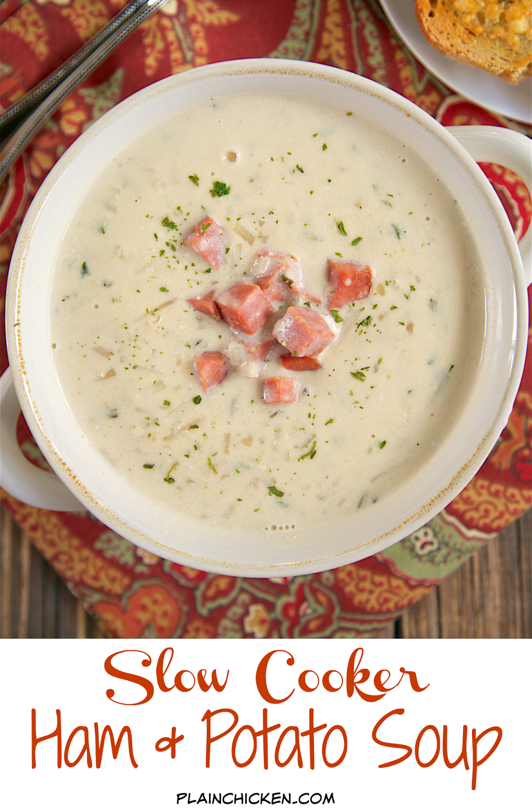 {Slow Cooker} Ham and Potato Soup - frozen hash browns, cream cheese, chicken broth, ham, Worcestershire sauce, onion and garlic - dump everything in the slow cooker and let it cook all day. SO good! Serve with some crusty garlic bread for a complete meal! Easy and delicious!