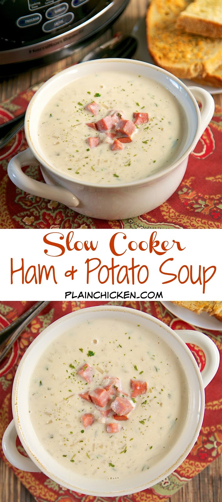 {Slow Cooker} Ham and Potato Soup - frozen hash browns, cream cheese, chicken broth, ham, Worcestershire sauce, onion and garlic - dump everything in the slow cooker and let it cook all day. SO good! Serve with some crusty garlic bread for a complete meal! Easy and delicious!