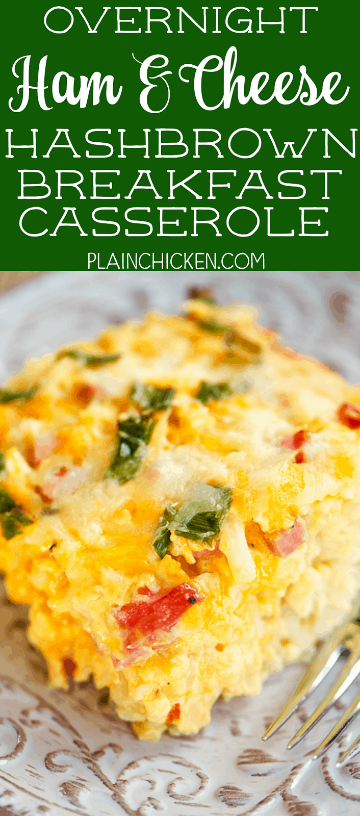 Overnight Ham and Cheese Hashbrown Breakfast Casserole - hash browns, cheese, ham, green onions, eggs, evaporated milk - mix together and refrigerate overnight for a quick breakfast. Great for overnight guest and the upcoming holidays!
