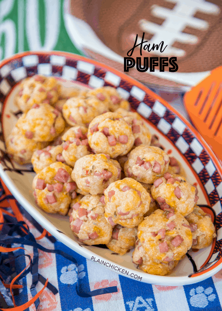 Ham Puffs - CRAZY good!!! SO simple to make and they taste amazing!!! Only 5 ingredients - butter, cheddar cheese, ham, worcestershire and flour. These things fly off the plate at parties. You will want to double the recipe! A great alternative to our usual sausage balls. SO GOOD!!! #ham #appetizerrecipe #partyfood #quickappetizer
