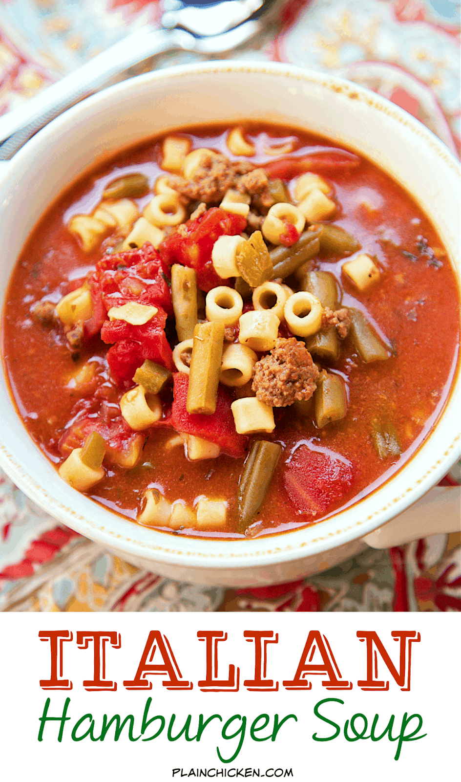 Italian Hamburger Soup - ground beef, peppers, stewed tomatoes, green beans, tomato sauce, oregano, basil and pasta - SO good! We ate this two days in a row. Makes a ton - freezes well. 