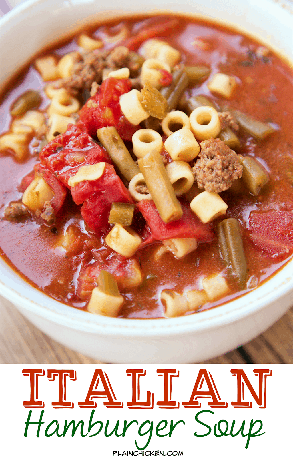 Italian Hamburger Soup - ground beef, peppers, stewed tomatoes, green beans, tomato sauce, oregano, basil and pasta - SO good! We ate this two days in a row. Makes a ton - freezes well. 
