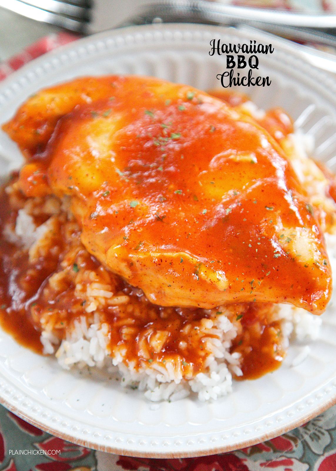 Hawaiian BBQ Chicken - chicken breasts baked in a quick pineapple bbq sauce. Pineapple sauce, ketchup, soy sauce, Worcestershire, vinegar, chili powder, and cornstarch. Bring to a boil and pour over the chicken then bake. No prep work! Super easy and quick recipe! Serve over rice or noodles - make sure to pour the extra bbq sauce over the chicken - it is SOOOO good! We could not stop eating this!