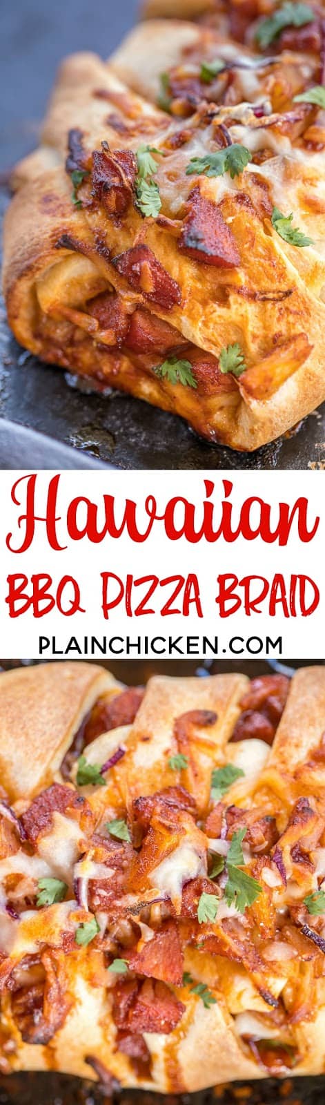 Hawaiian BBQ Pizza Braid - ready in under 30 minutes! Ham, pineapple, BBQ sauce, mozzarella, cilantro and red onions baked in refrigerated pizza dough. Fun twist to pizza night!!! Everyone LOVES this easy stuffed bread!! #pizza #hawaiianbbqpizza #bbqpizza