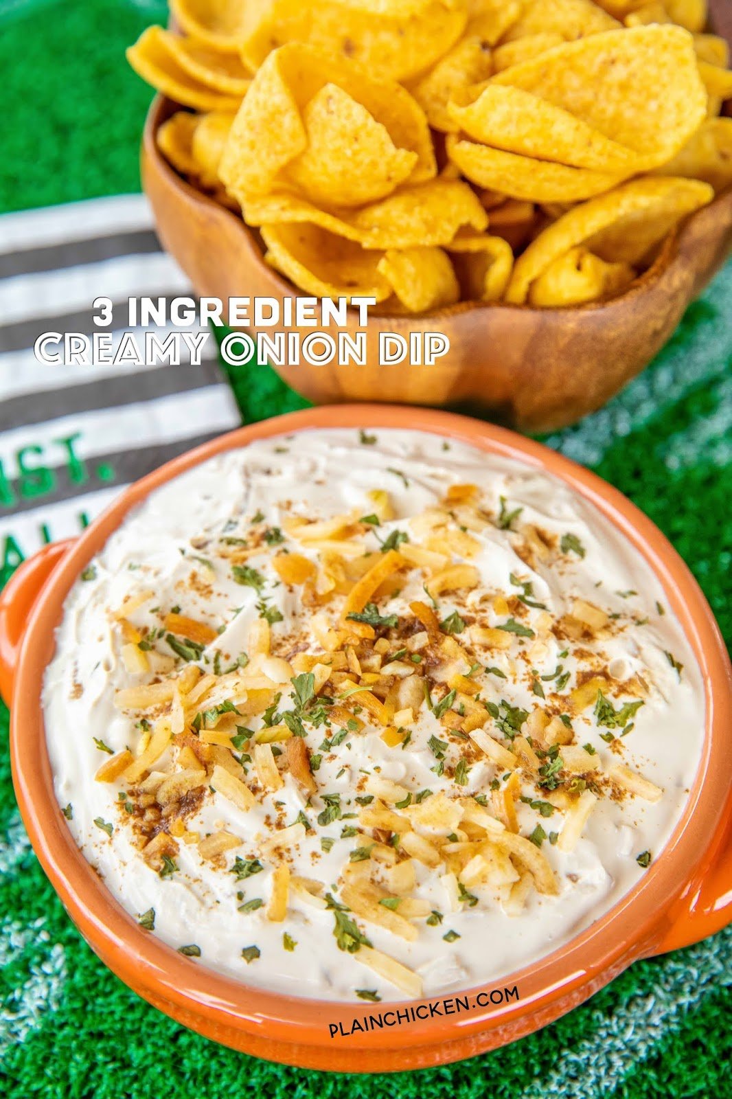 3 Ingredient Creamy Onion Dip - such an easy game day recipe! Hellmann's/Best Foods Mayonnaise, Lipton Recipe Secrets Onion Soup Mix  and sour cream. Can make a day in advance and refrigerate until serving. SO easy and SOOO delicious!!