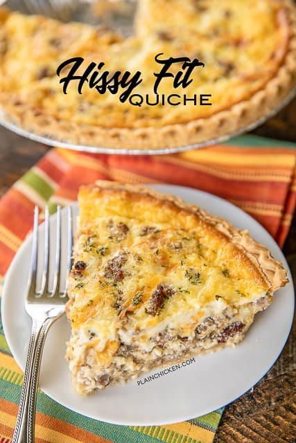 Hissy Fit Quiche - you will definitely throw a hissy fit if you miss out on this quiche! Inspired by our favorite tailgate dip! Sausage, muenster cheese, Velveeta, sour cream, onion, garlic, Worcestershire, eggs, heavy cream. Can make ahead and freeze unbaked for later. SO good! I always have to double the recipe. Never any leftovers! #quiche #brunch #breakfast #freezermeals