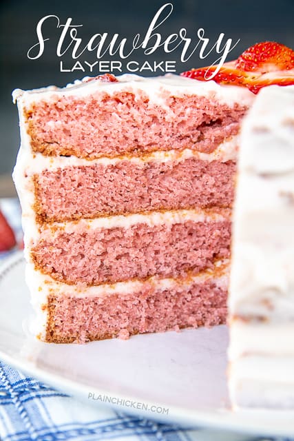 strawberry layer cake on a platter