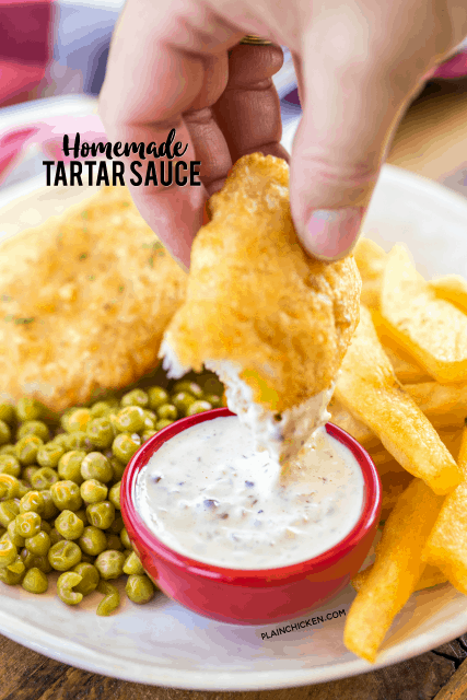 Homemade Tartar Sauce - you'll never buy jarred tartar sauce again!! Perfect with our favorite SeaPak Fish and Chips. This sauce is great on everything, not just fish!! I wanted to lick the bowl!! Would be a great dipping sauce for fried pickles, fried chicken tenders, salmon - really anything! #tartarsauce #fishrecipe #saucerecipe #easysaucerecipe